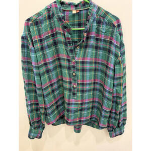 Pilcro Green and Pink Plaid Long Sleeve Top medium